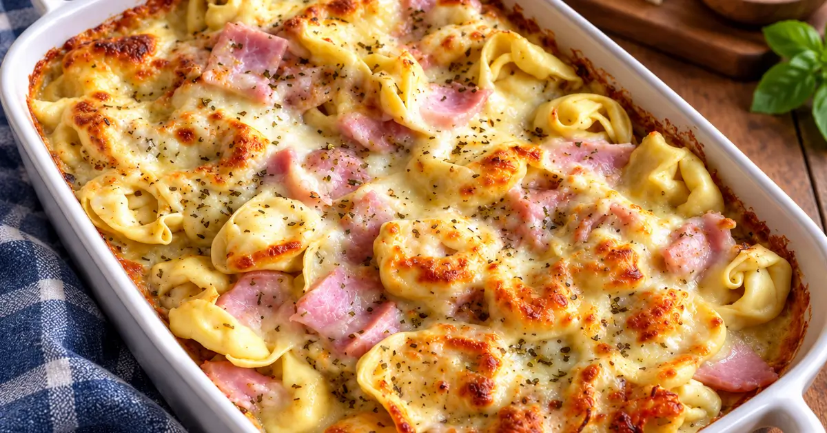 Ovenschotel met tortellini, ham en romige kaassaus in een ovenschaal