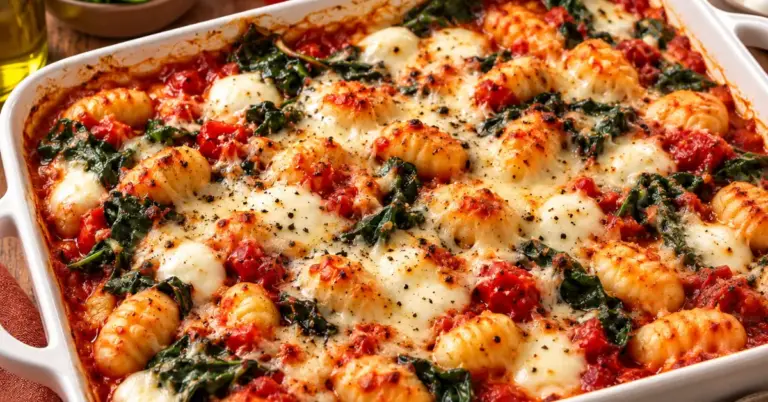 Gnocchi uit de oven met tomaat, spinazie en gesmolten mozzarella in een ovenschaal