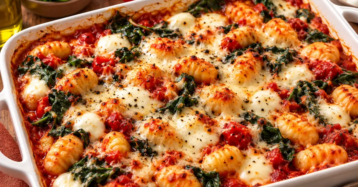 Gnocchi uit de oven met tomaat, spinazie en gesmolten mozzarella in een ovenschaal