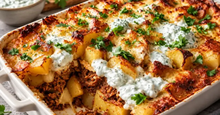 Gyros-ovenschotel met aardappelblokjes en een lepel tzatzikisaus in een ovenschaal
