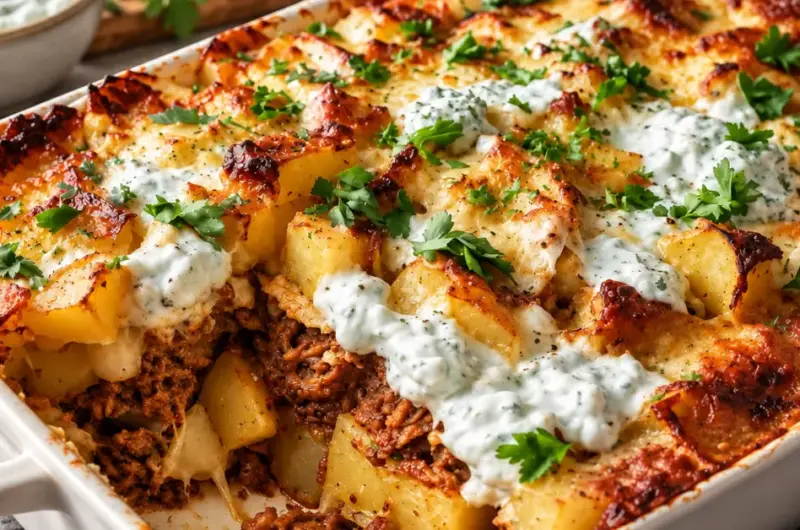 Gyros-ovenschotel met aardappelblokjes en tzatzikisaus