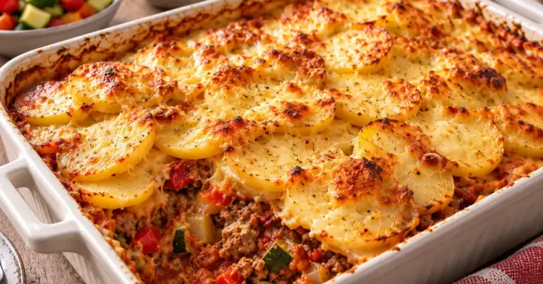 Italiaanse ovenschotel met gehakt, groenten en een goudgeel kaaskorstje in een ovenschaal
