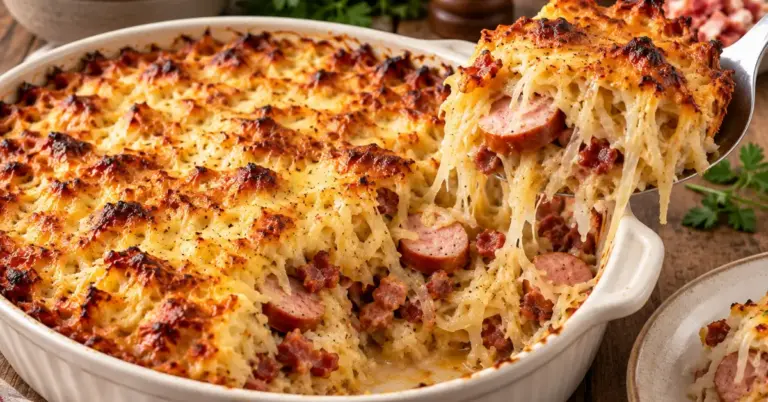 Zuurkool-ovenschotel met rookworst, spekjes en gesmolten kaas in een ovenschaal