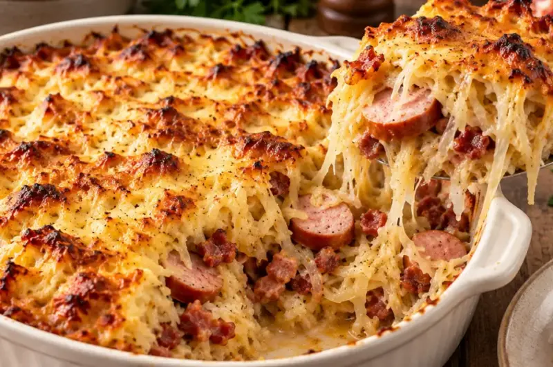 Zuurkool-ovenschotel met rookworst, spekjes en kaas