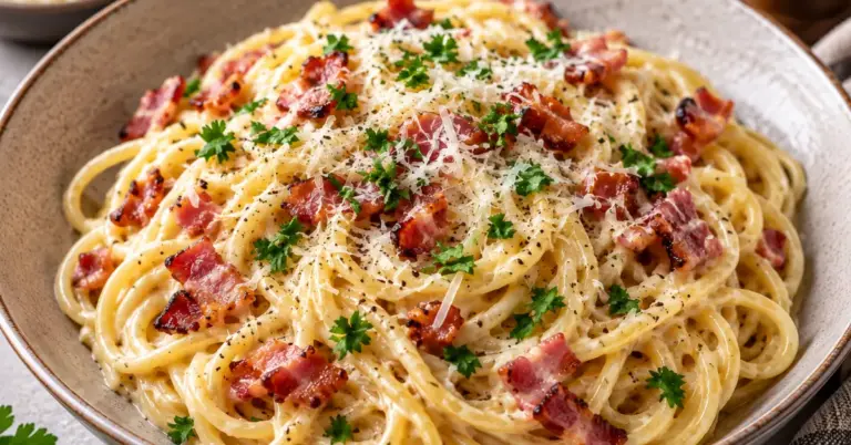 Pasta carbonara met room en spekjes op een bord met Parmezaanse kaas en peterselie