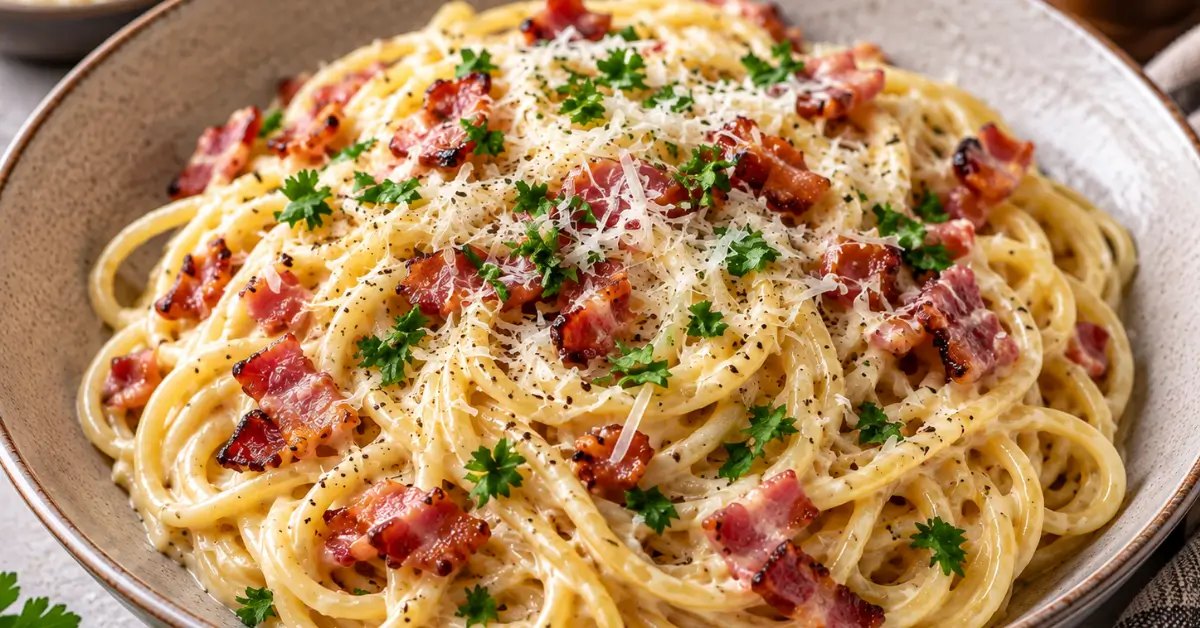 Pasta carbonara met room en spekjes op een bord met Parmezaanse kaas en peterselie