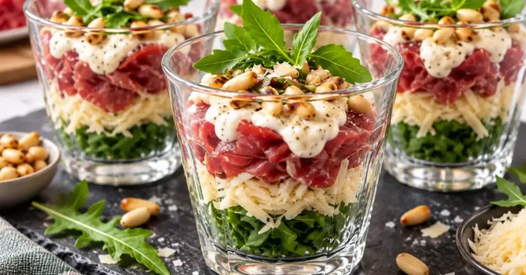 Carpaccio in een glaasje met rucola, oude kaas en geroosterde pijnboompitten