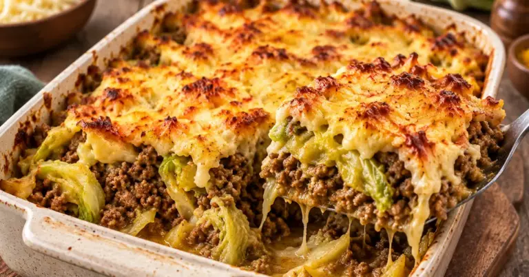Ovenschotel met spitskool, kerrie en gehakt met gesmolten kaas in een ovenschaal