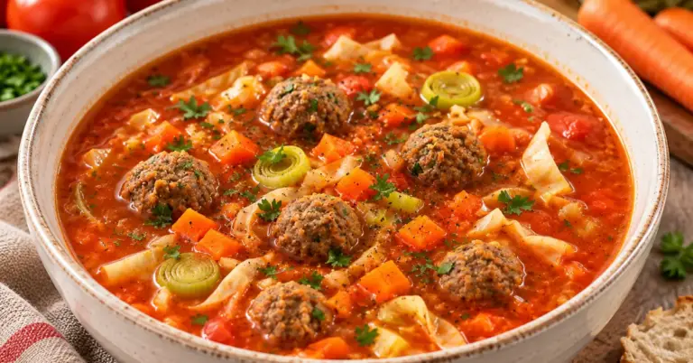 Zelf tomatensoep maken met verse tomaten, met balletjes en soepgroenten in een kom