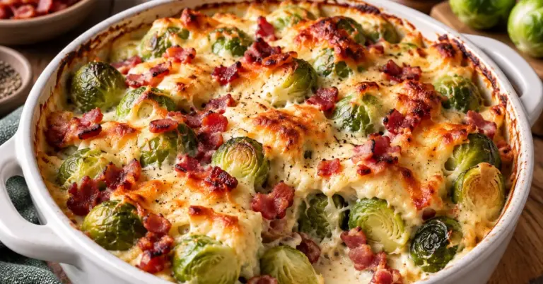 Ovenschotel met spruitjes en spekjes met gesmolten kaas in een ovenschaal