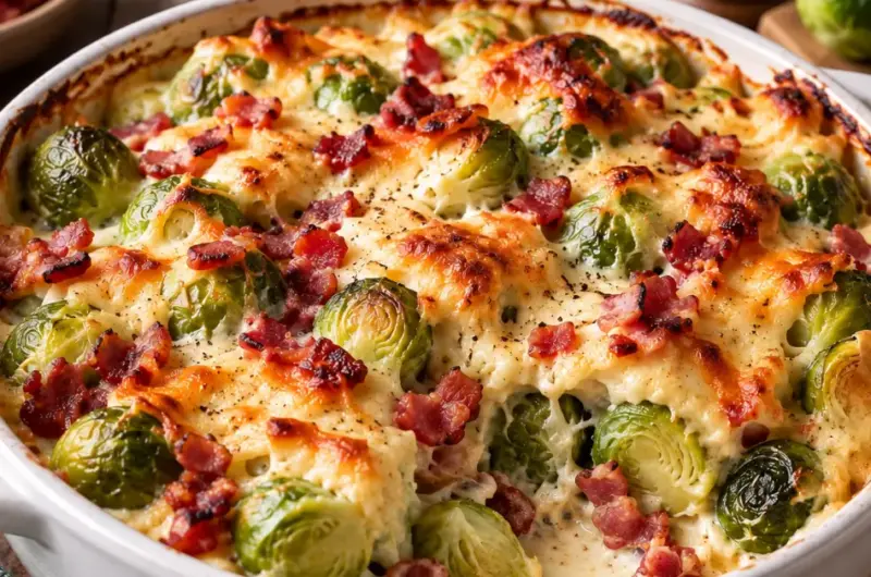 Ovenschotel met spruitjes en spekjes: romig uit de oven