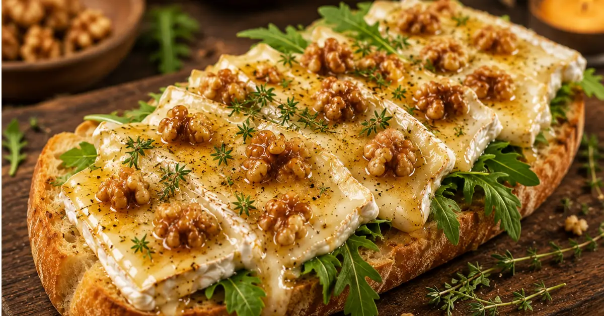 Broodje brie uit de oven met honing, walnoten en rucola