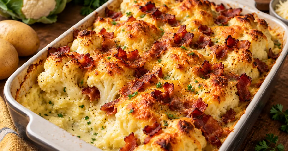 Bloemkool ovenschotel met spek en kaas, vers uit de oven in een ovenschaal