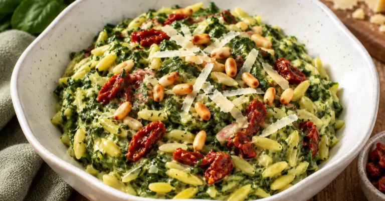 Romige orzo met spinazie en tomaatjes in een pan met geroosterde pijnboompitten