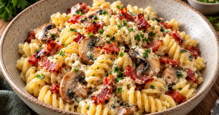 Pasta Boursin met spekjes en champignon in een diep bord met verse peterselie