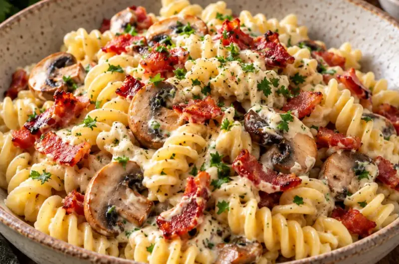 Pasta Boursin met spekjes en champignon