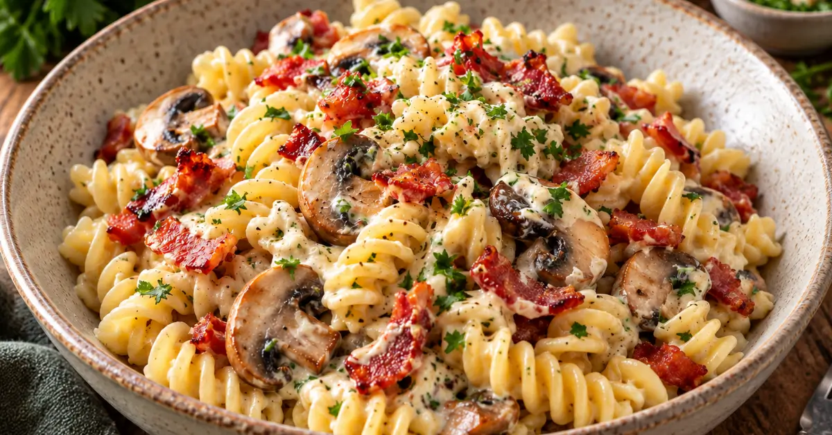 Pasta Boursin met spekjes en champignon in een diep bord met verse peterselie