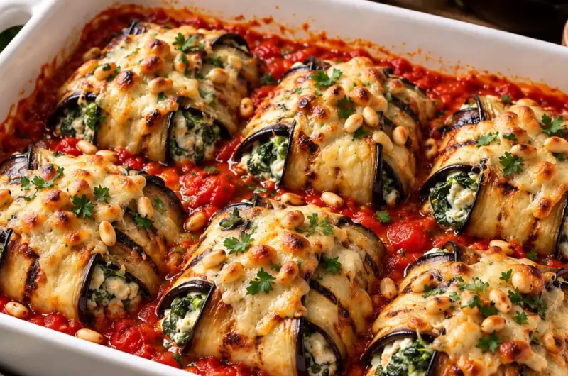 Gevulde aubergine pakketjes uit de oven