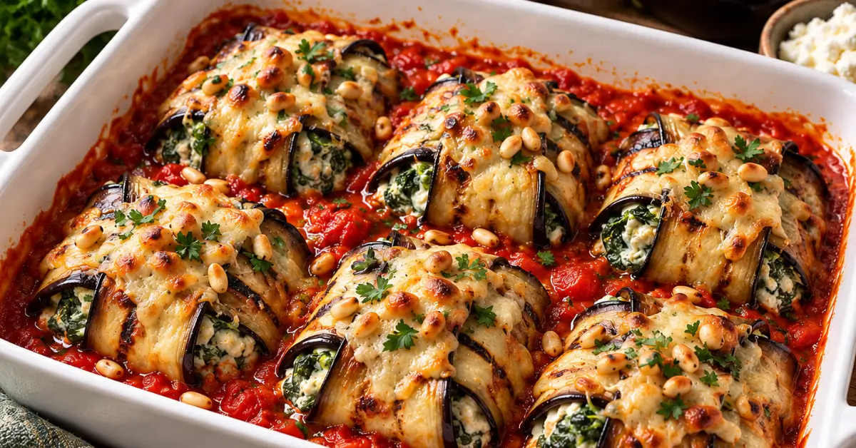 Gevulde aubergine pakketjes uit de oven in een ovenschaal met tomatensaus en gesmolten kaas