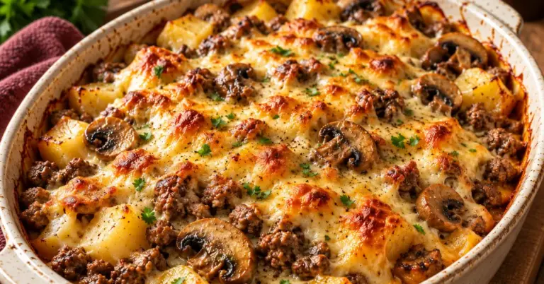 Jachtschotel met gehakt, aardappelblokjes en een goudbruine kaaskorst in een ovenschaal