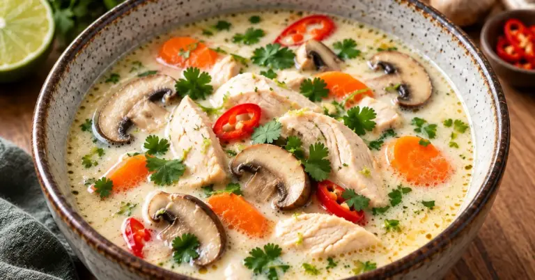 Kom tom kha kai soep met kip, champignons en verse koriander