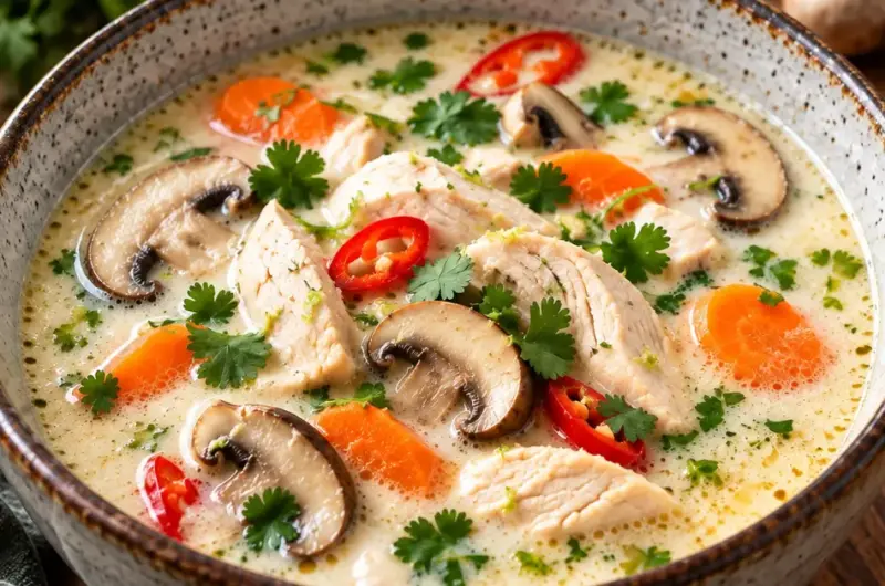 Tom kha kai soep met kip en kokosmelk