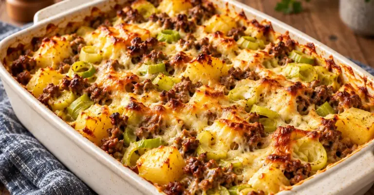 Prei-gehakt ovenschotel met kerrie en een goudbruine kaaskorst in een ovenschaal