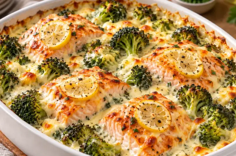 Zalm-ovenschotel met broccoli en Boursin-roomsaus