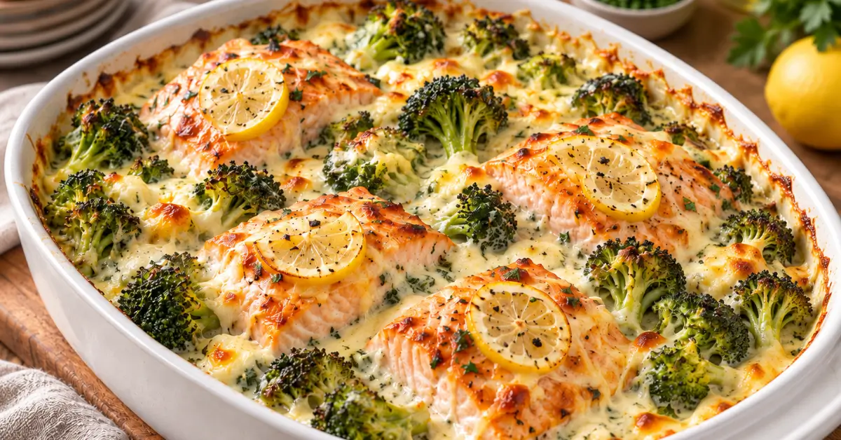 Zalm-ovenschotel met broccoli en Boursin-roomsaus in een ovenschaal