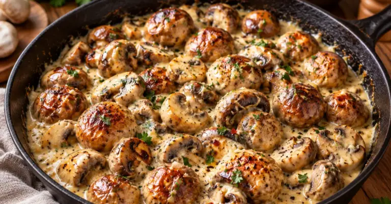 Romige champignons met knoflook en Parmezaanse kaas in een koekenpan