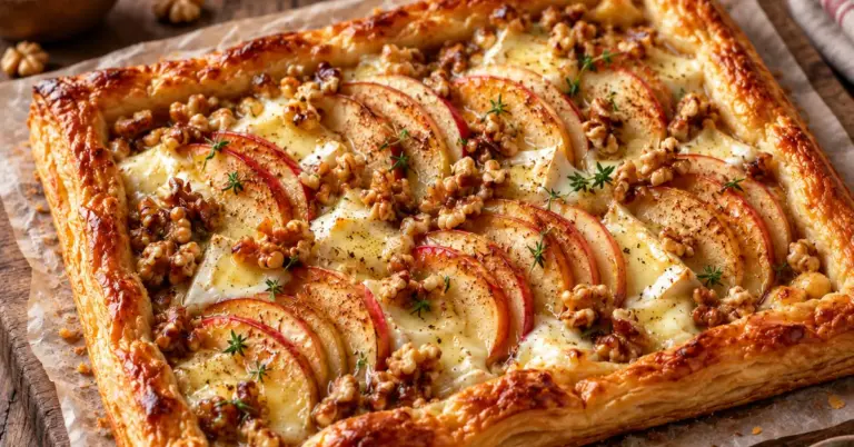 Plaattaart met brie, appel en walnoot op een bakplaat met verse tijm