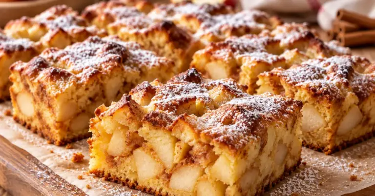 Appelplaatkoek met appelblokjes en kaneel, versneden op een bakplaat