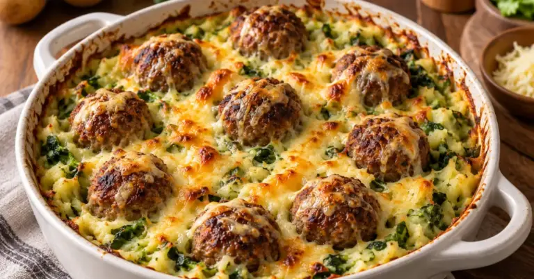 Andijvie-stamppot uit de oven met gehaktballen en gesmolten kaas in een ovenschaal