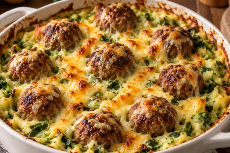 Andijvie-stamppot uit de oven met gehaktballen