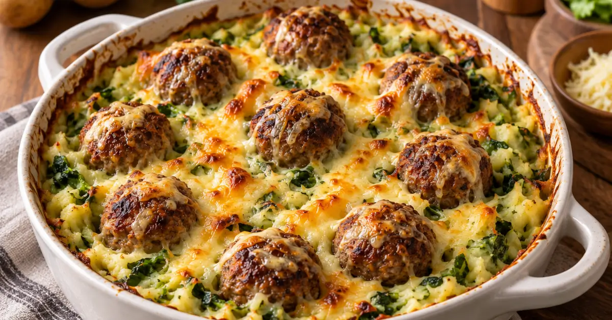 Andijvie-stamppot uit de oven met gehaktballen en gesmolten kaas in een ovenschaal
