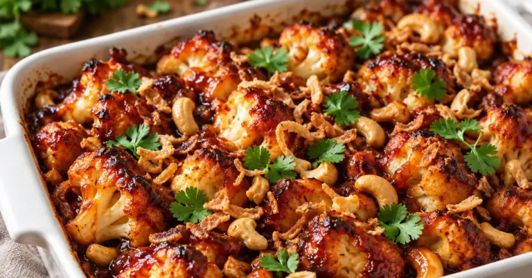 Bloemkool uit de oven met zoetzure saus, cashewnoten en gebakken uitjes in een ovenschaal