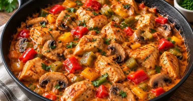 Stroganoffpannetje met kip, paprika en champignons in een hapjespan