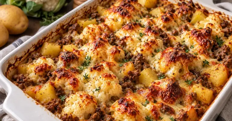 Ovenschotel met bloemkool, aardappel en gehakt met een goudbruine kaaskorst in een witte schaal