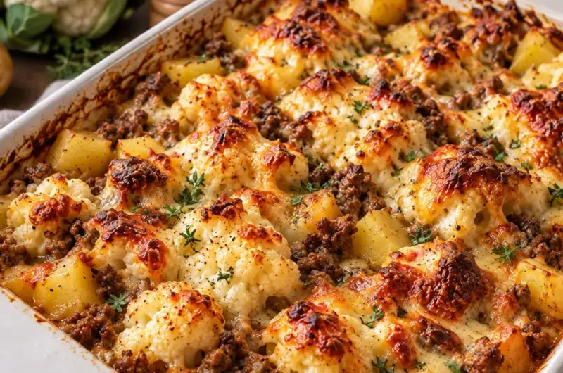 Ovenschotel met bloemkool, aardappel en gehakt