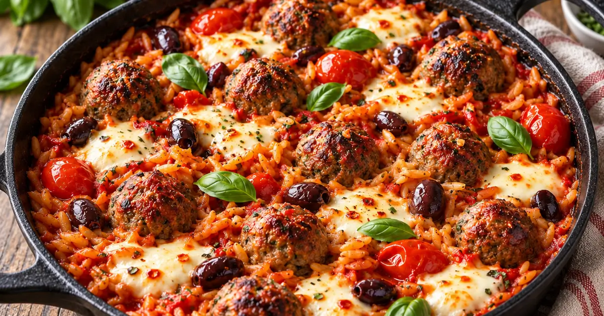 Gehaktballetjes uit de oven met orzo in een ovenvaste pan met gesmolten mozzarella en basilicum