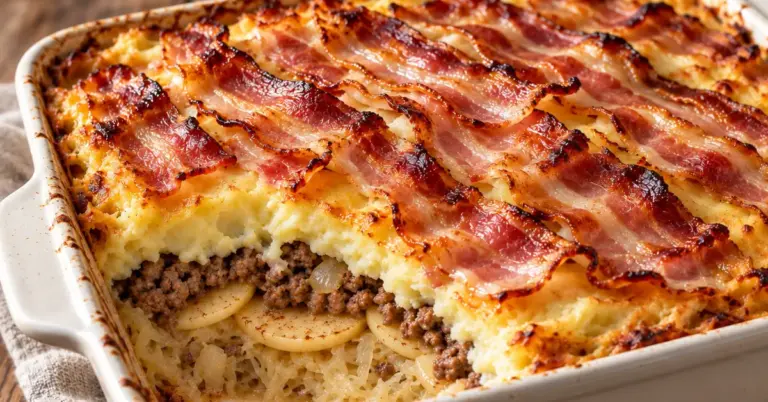 Zuurkool ovenschotel met spek en appel in een ovenschaal