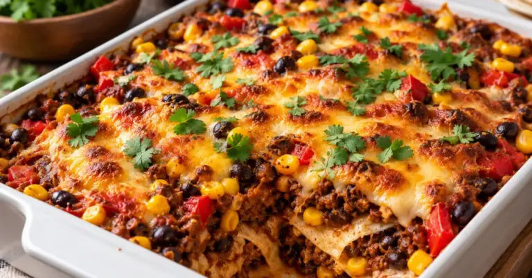 Pittige taco-ovenschotel met gehakt en bonen in een ovenschaal met gesmolten cheddar en verse koriander