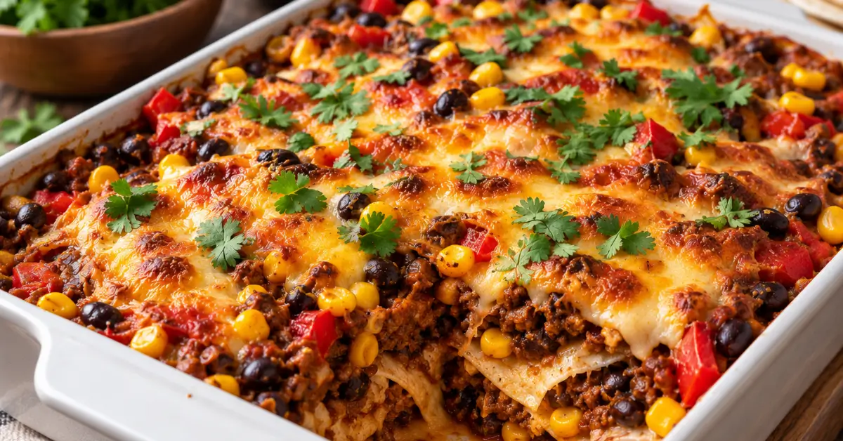 Pittige taco-ovenschotel met gehakt en bonen in een ovenschaal met gesmolten cheddar en verse koriander