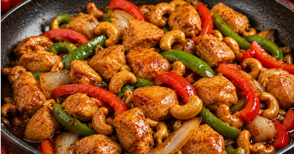 CHINESE KIP MET CASHEWNOTEN met paprika in een wok