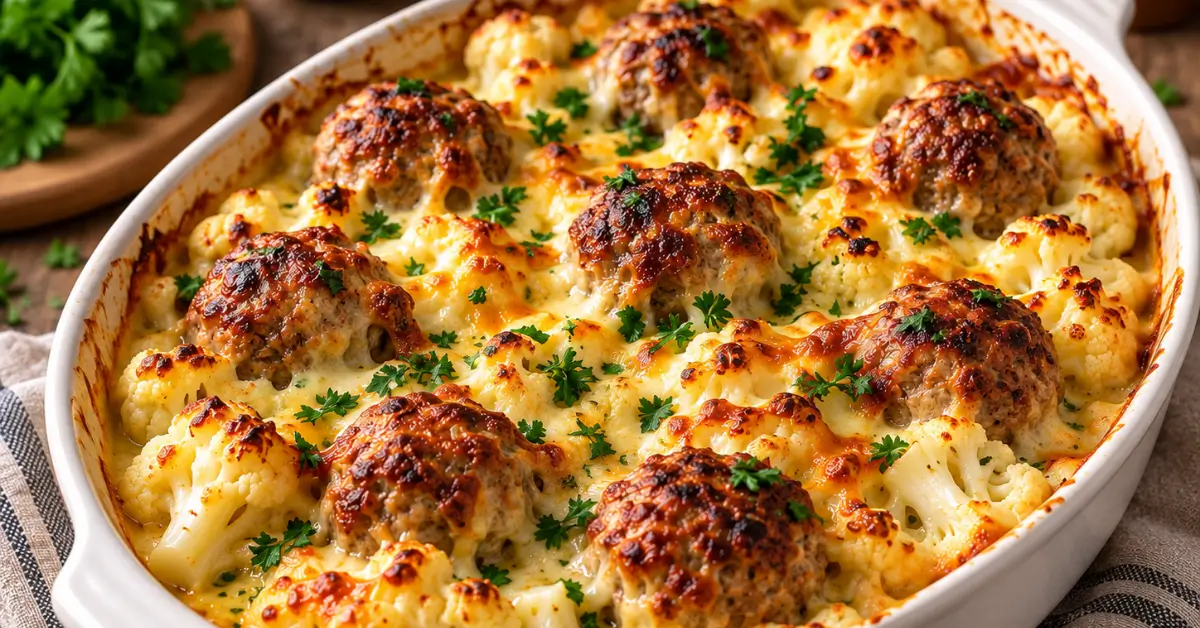 Bloemkool-ovenschotel met gehaktballetjes en gesmolten kaas in een ovenschaal