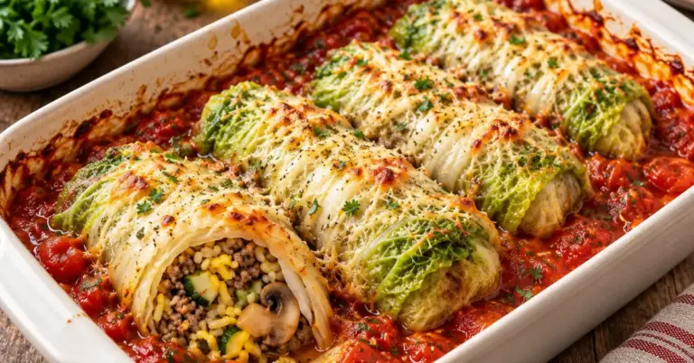 Chinese koolrolletjes met gehakt en rijst in tomatensaus uit de oven