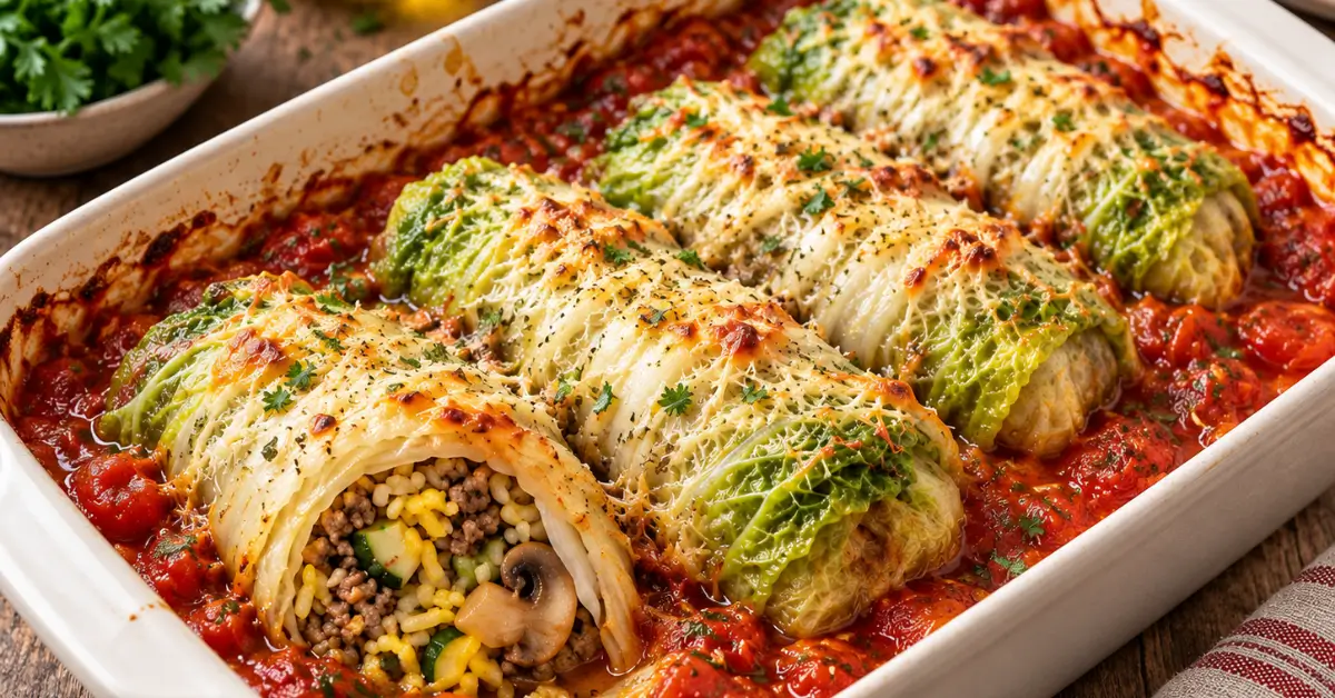 Chinese koolrolletjes met gehakt en rijst in tomatensaus uit de oven