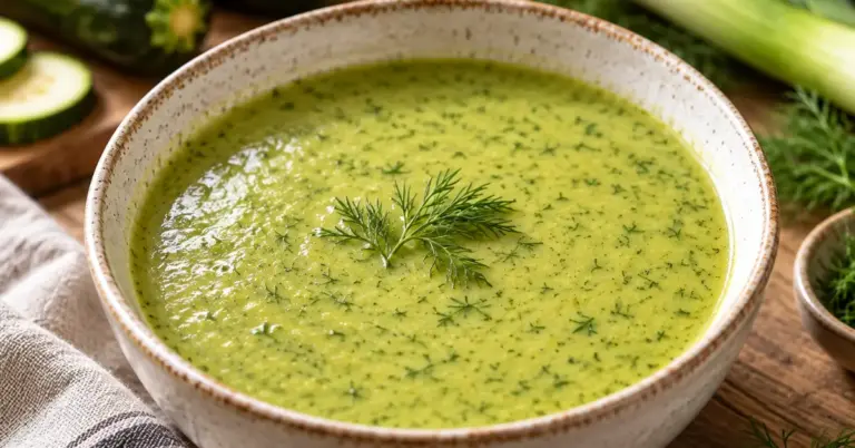 Kom courgette-prei soep met een takje dille op een houten tafel