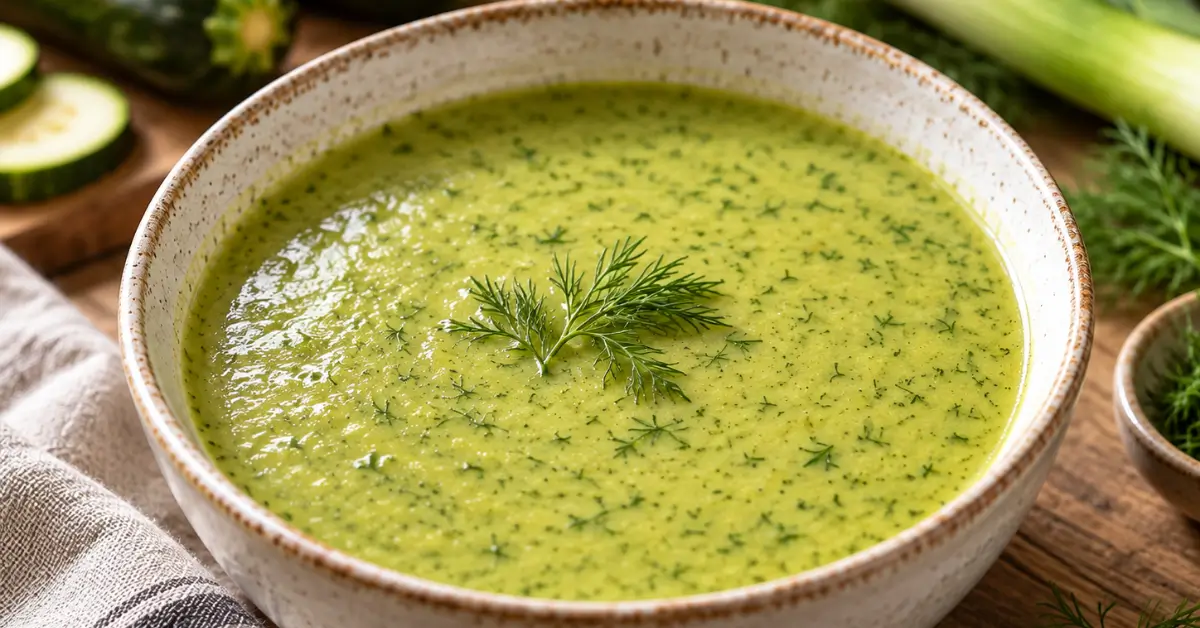 Kom courgette-prei soep met een takje dille op een houten tafel
