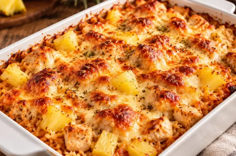 Hawaï-ovenschotel met kip, ananas en smeltkaas